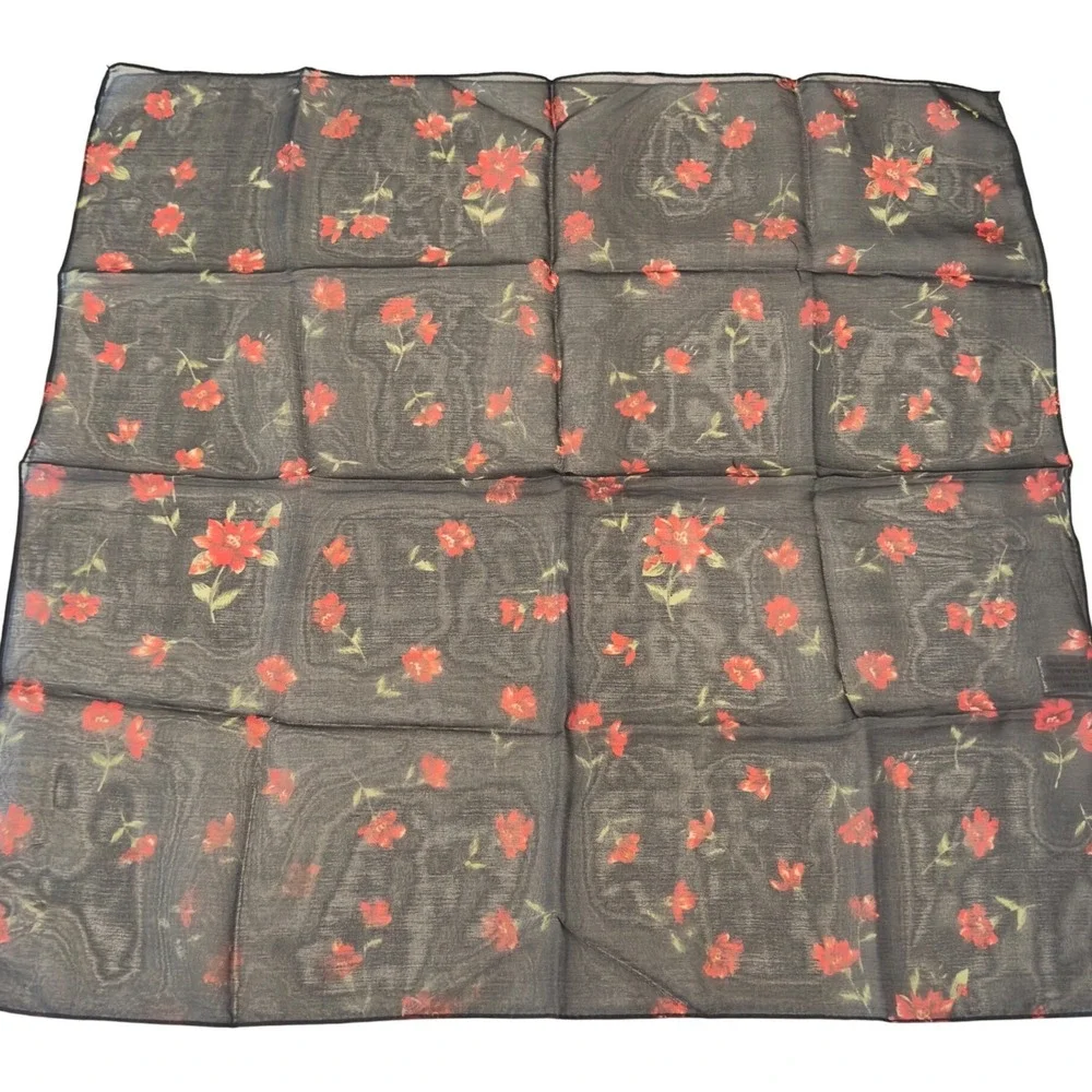 Floral Sheer Square Scarf Black Red Rose Print Lightweight India Cottagecore VTG